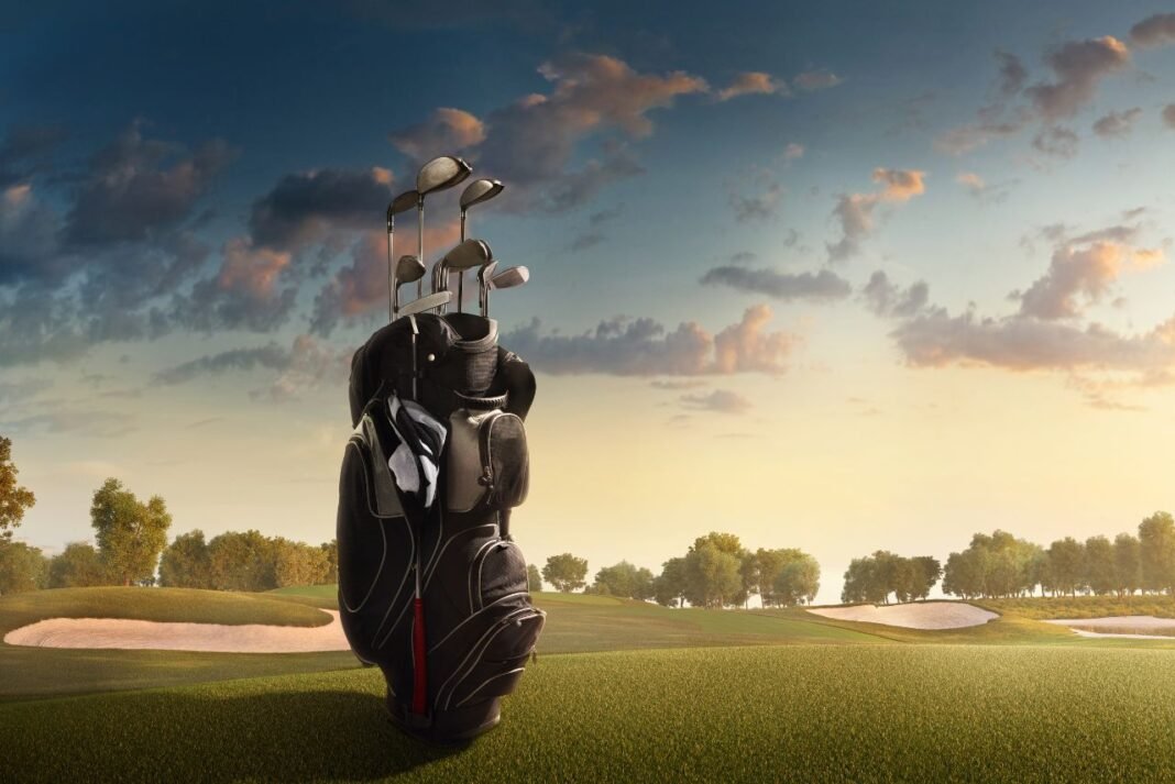 골프장 그린위에 있는 골프 클럽과 골프채, 석양 사진 이미지