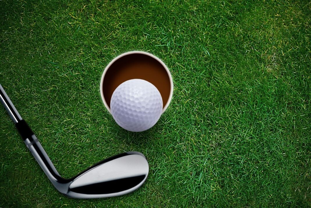 골프 그린위의 골프공, 홀컵, 그리고 골프채 사진 이미지